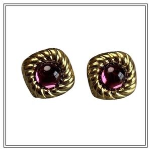 Vintage Gold‎ Tone Square Clip On Earrings Purple Cabochon Gemstone Statement